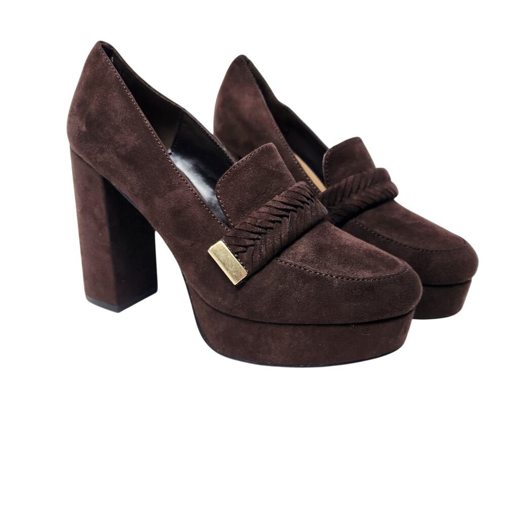 Just Fab JF Brown Suede Adele Braided Slip On Heeled Loafers Pump Sandals Size 7